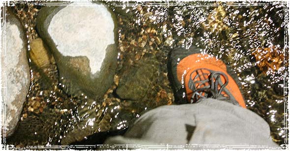 Feet in a stream while hiking