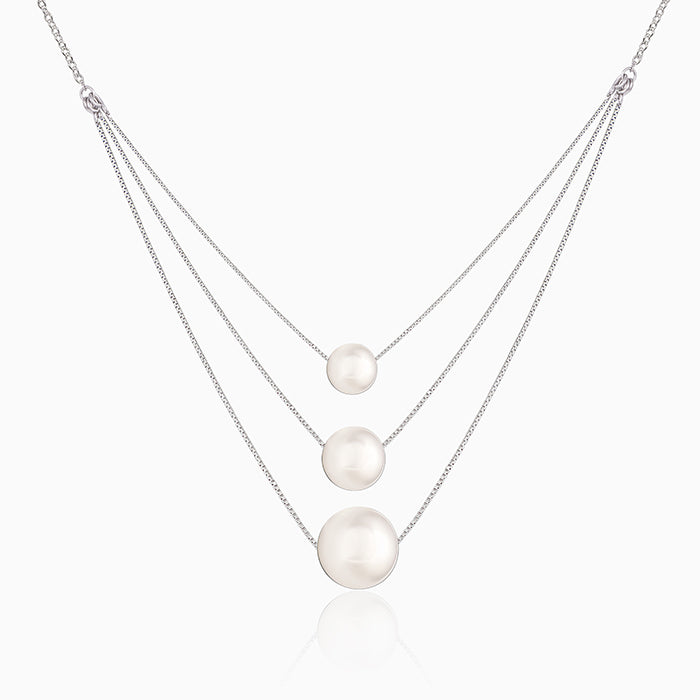 Silver Triple Layer Pearl Necklace With Link Chain