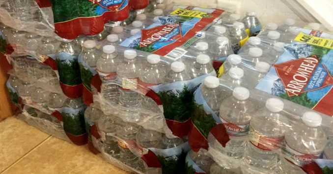 Water Bottles stacked for emergency storage